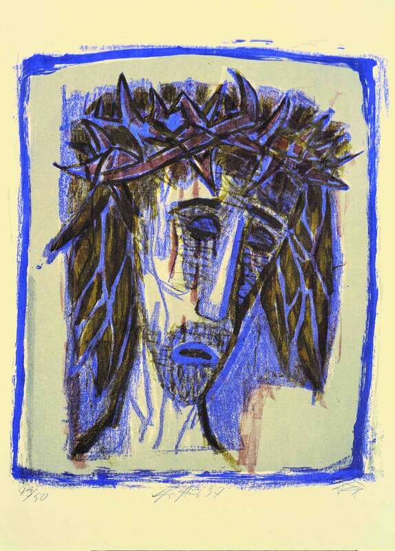 Christus (Kopf, nach rechts blickend, Haare schulterlang, dunkel auf hellem Grund)