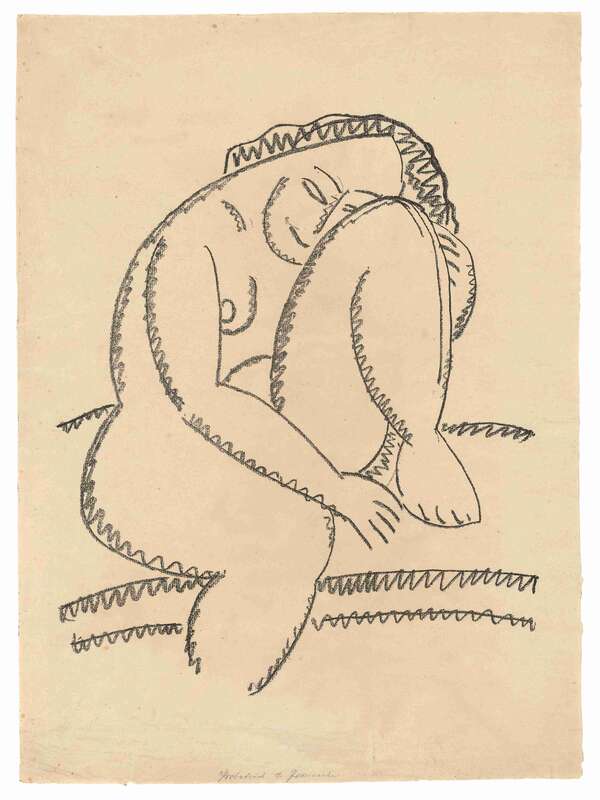 Bewegung (Sitzender weiblicher Akt mit angezogenem linken Bein, darauf den Kopf gestützt)