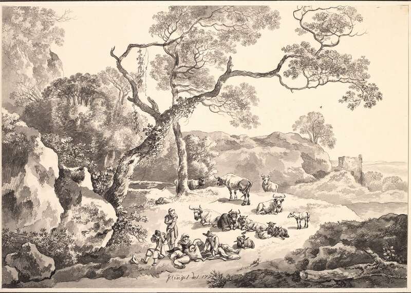 Landscape with resting herdsmen and herd
