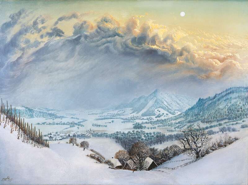 Winter landscape with moon (winter evening in the Hegau)