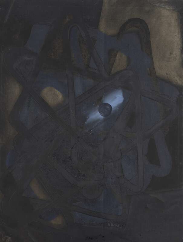 Blau-schwarze Komposition mit Ocker und blauem Fluchtpunkt