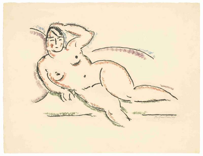 Lying female nude (left arm raised, with hand behind head)