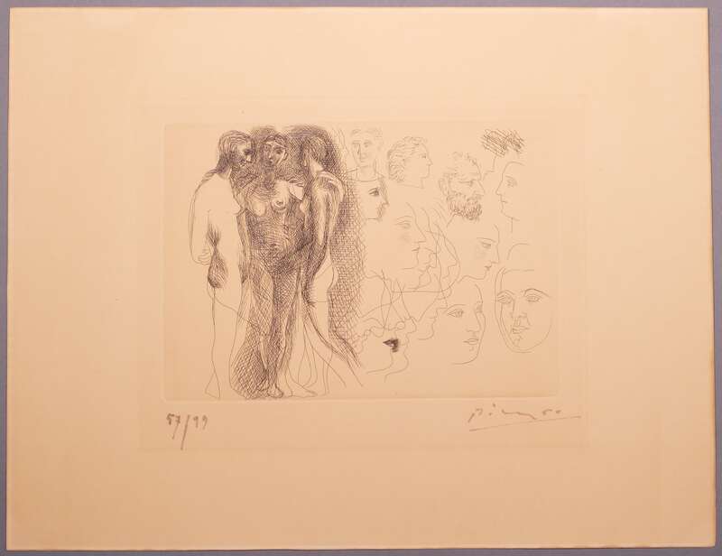Three standing nudes, with sketches of faces
