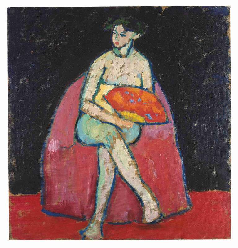 Sitzender Akt mit rotem Fächer