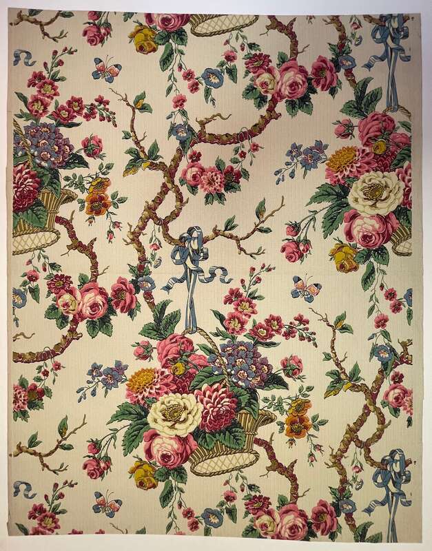 Wallpaper with flower baskets and branches