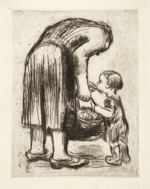 Stehende Mutter, ihr Büblein fütternd