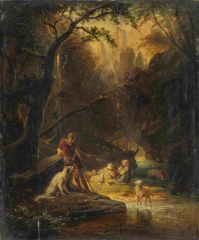 Shepherd with dog at the forest creek