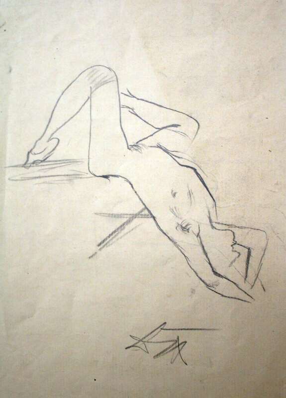 Nude woman lying on her back, head down