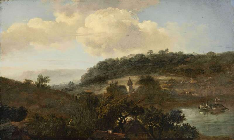 River landscape with wooded hills